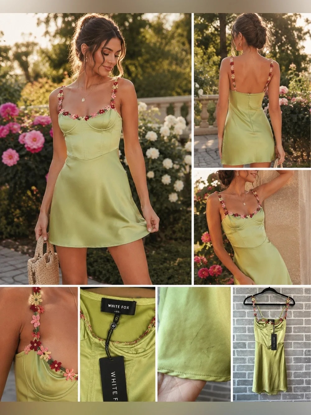 NWT White Fox Satin Mini Dress XS Green Floral Strap Corset Slip Dress Coquette - Picture 1 of 1